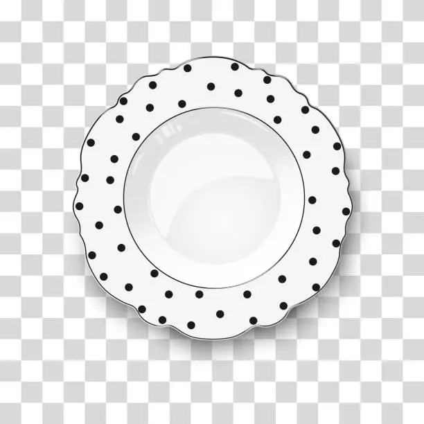 Vector illustration of White plate with figured edges and polka dot pattern isolated on transparent background