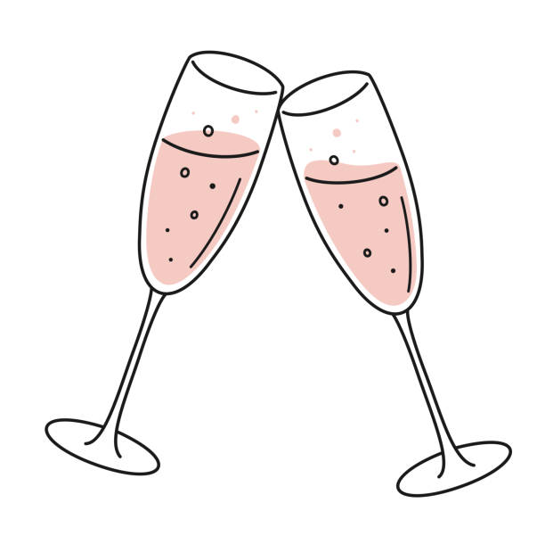 Clang glasses of champagne or sparkling wine illustration Hand drawn cute cartoon illustration clang glasses of champagne or sparkling wine. Flat vector alcohol drink sticker in simple colored doodle style. Holiday celebration party icon or print. Isolated. cheers stock illustrations