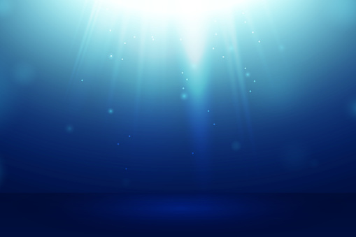 Vector of under deep sea ocean background with bubbles and bright light rays to ground for your product backdrop concept