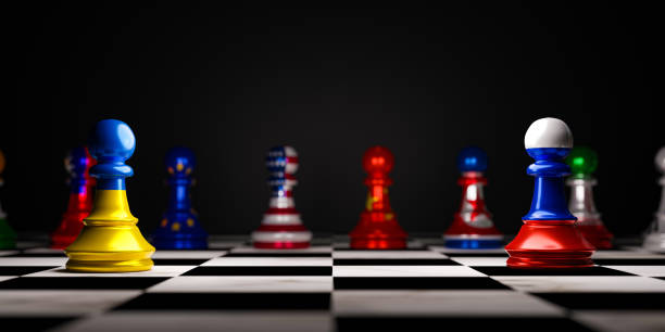 ajedrez de peones de batalla entre rusia y ucrania con el ajedrez de estados unidos y china representando el conflicto político y el concepto de guerra de ambos países mediante la técnica de renderizado en 3d. - strategy chess conflict chess board fotografías e imágenes de stock