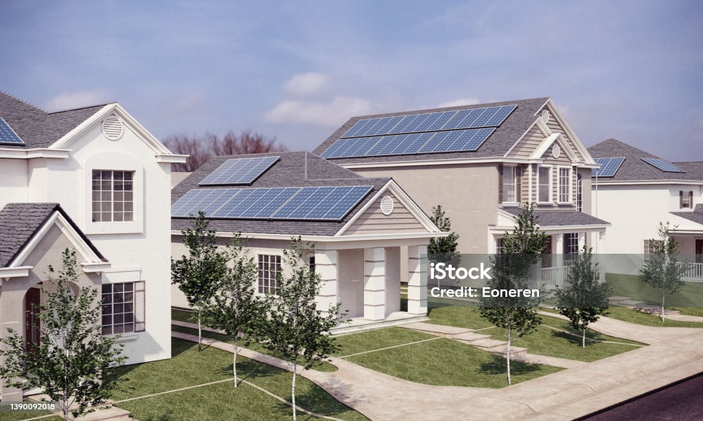 House with solar panels Solar panels on the houses roof. (3d render) Solar Panel Stock Photo