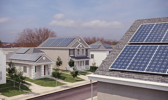 Solar panels on the houses roof. (3d render)