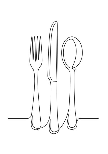 непрерывный однострочный рисунок столовых приборов - table knife illustrations stock illustrations