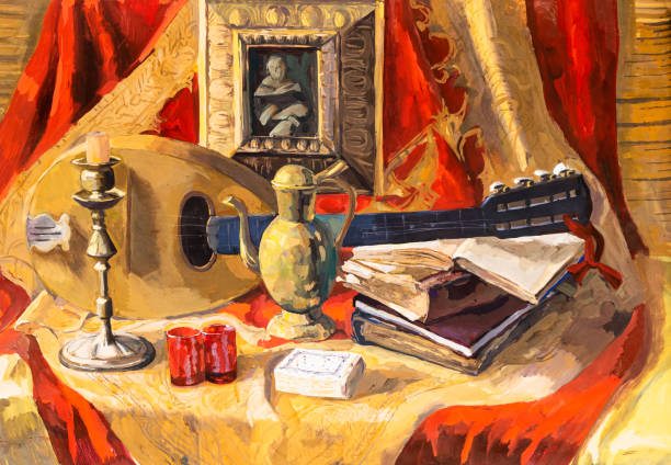 istock still life with mandolin and books on red curtain 1390093045