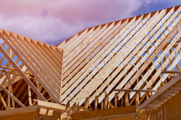 istock Framed home roof system with wooden timber beams 1390093209