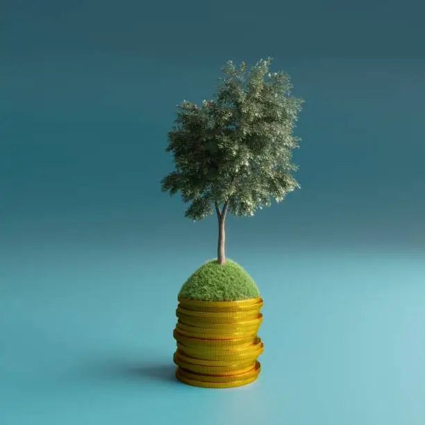 Tree growing on  golden coins, symbolizing green finance concepts. (3d render)