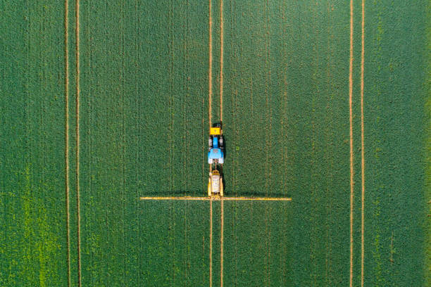 vista aérea del pulverizador de cultivos de tractor agrícola en el campo - tractor green farm corn fotografías e imágenes de stock