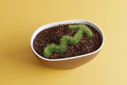 Grass in pot shaped like financial growing graph. (3d render)