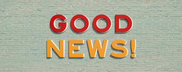 Good news in red and yellow capital letters. Background a bright brick wall. Massage and information concept. 3D illustration good news stock pictures, royalty-free photos & images