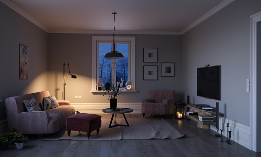 Scandinavian style designed living room interior scene in the evening. (3d render)
