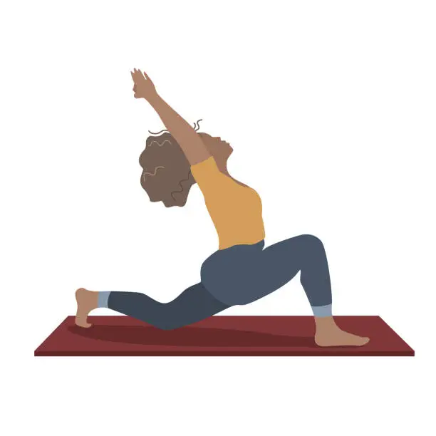 Vector illustration of A tanned woman does yoga on a red carpet. A woman does sports