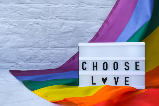 istock Rainbow flag with lightbox and text CHOOSE LOVE. Rainbow lgbtq flag made from silk material. Symbol of LGBTQ pride month. Equal rights. Peace and freedom 1390098787