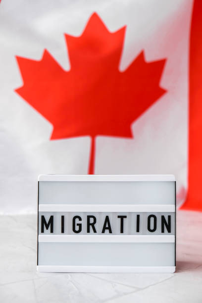 istock The National Flag of Canada. Lightbox with text MIGRATION Canadian Flag or the Maple Leaf. Patriotism. International relations concept. Independence day 1390098949