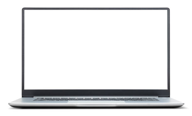 istock Silver laptop with blank screen on white 1390099223