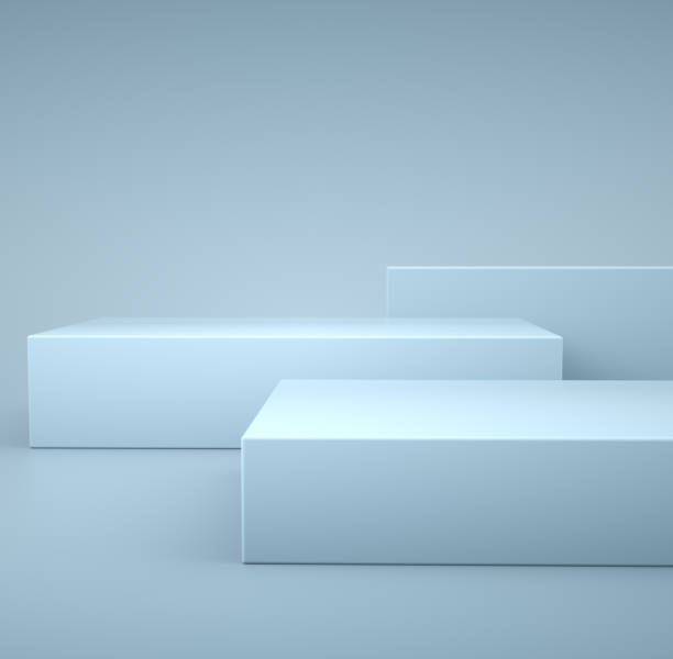 istock Empty showcase. Blank template for advertising. Blue 3d rendering step cube podium for product. 1390099426