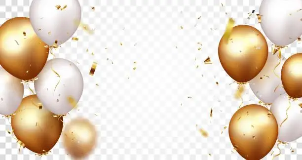 Vector illustration of Celebration banner with gold confetti and balloons, isolated on transparent background