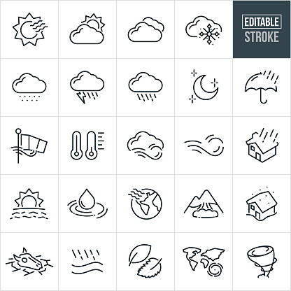 A set of weather icons that include editable strokes or outlines using the EPS vector file. The icons include a sun, partly cloudy, clouds or cloudy skies, snowflake, snowstorm or stormy weather, lightning with rain showers, rain showers, clear moon sky with stars, umbrella with rain showers, wind sock, thermometers, wind or windy weather, rain showers on house, house in blizzard snow storm, drought, dry weather, wet weather, heatwave, avalanche, hurricane and tornado to name a few.