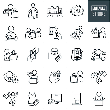 A set of retail shopping icons that include editable strokes or outlines using the EPS vector file. The icons include a shopper holding a credit card in one hand and retail shopping bag in the other, shopper walking with retail bags, retail outlet store, sale sign, store associate holding out an athletic shoe, merchant handing customer a retail bag after purchase, making purchase using smartphone, shopper carrying retail bags, shopper holding up a t-shirt to potentially buy, paying with cash, purse with credit card, new dress on screen of mobile phone, shopper loading retail bags in the back of vehicle, sale on jewelry, person purchasing online at laptop computer using credit card, hand holding credit card, shopper jumping up and down with retail bags in hand, dress for sale, shipping box with athletic shoes, package at doorstep and a person unboxing retail purchase.