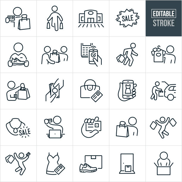 Retail Shopping Thin Line Icons - Editable Stroke A set of retail shopping icons that include editable strokes or outlines using the EPS vector file. The icons include a shopper holding a credit card in one hand and retail shopping bag in the other, shopper walking with retail bags, retail outlet store, sale sign, store associate holding out an athletic shoe, merchant handing customer a retail bag after purchase, making purchase using smartphone, shopper carrying retail bags, shopper holding up a t-shirt to potentially buy, paying with cash, purse with credit card, new dress on screen of mobile phone, shopper loading retail bags in the back of vehicle, sale on jewelry, person purchasing online at laptop computer using credit card, hand holding credit card, shopper jumping up and down with retail bags in hand, dress for sale, shipping box with athletic shoes, package at doorstep and a person unboxing retail purchase. computer icon stock symbol shopping mall stock illustrations