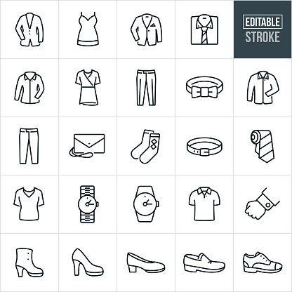A set of women's and men's professional attire clothing icons that include editable strokes or outlines using the EPS vector file. The icons include s woman's dress coat, dress, women's professional button down shirt, woman's watch, women's wallet, socks, professional business shirt, dress boots, high heels and dress flats. They also include men's suit coat, white shirt and tie, business slacks or pants, bow tie, men's button down shirt, dress socks, belt, necktie, men's watch, men's polo shirt, cuff link and dress shoes.