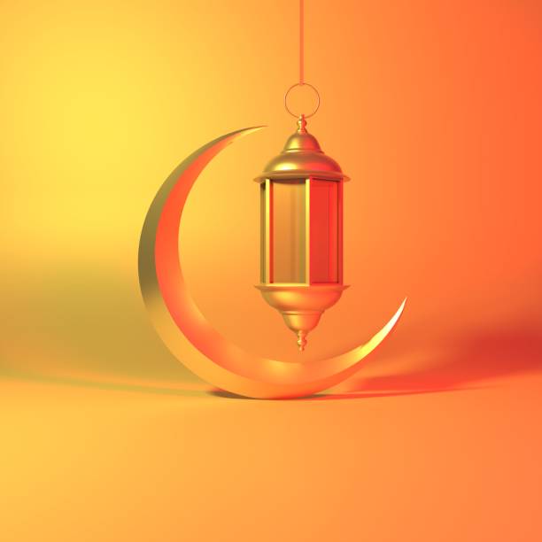 istock Arabic Geometric Stars Lantern and Crescent on Neon Background 1390106131