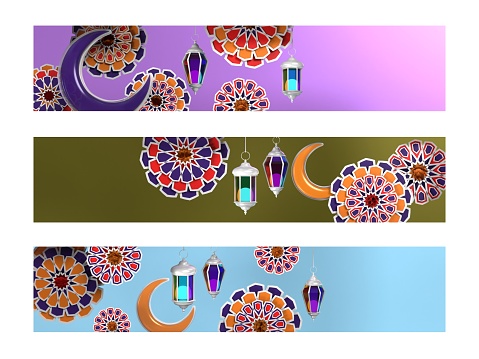 Three Ramadan Kareem backgrounds with spiral Arabic designs, crescent moon and stars. Ramadan concept. High quality 3D render easy to crop and cut out for social media, print and all other design needs.