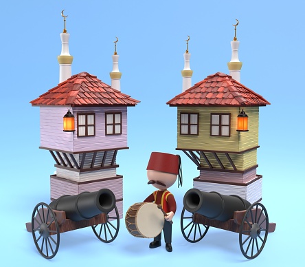 Traditional Ramadan drum and drummer in front of cannons and traditional Istanbul houses on blue background. Ramadan concept. High quality 3D render easy to crop and cut out for social media, print and all other design needs.