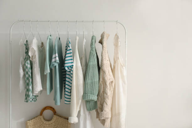 istock Rack with stylish women's clothes near white wall, space for text. Interior design 1390107226
