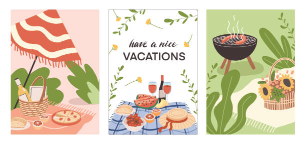 illustrazioni stock, clip art, cartoni animati e icone di tendenza di rest_at_nature_01 - meeting food nature foods and drinks