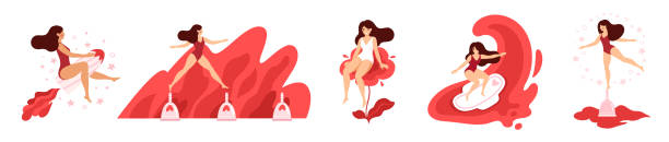 ilustrações, clipart, desenhos animados e ícones de mulheres com absorvente, almofada, copo menstrual. conceito de vida ativa. menina com menstruação, menstruação, síndrome pré-menstrual, tpm, sistema reprodutivo feminino. - blood disease