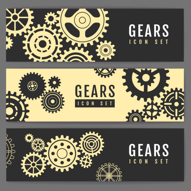 illustrations, cliparts, dessins animés et icônes de ensemble de bannières avec différents engrenages. conception d’icônes de rouage. illustration vectorielle - gear bicycle gear equipment sprocket