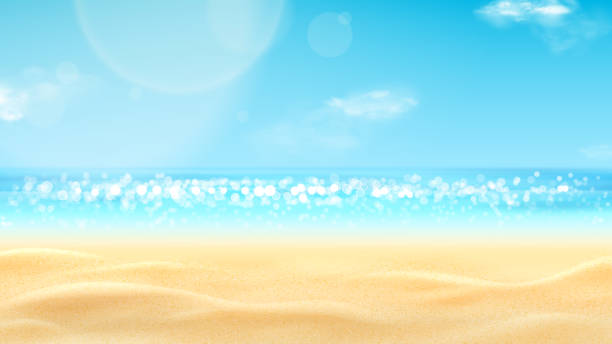 Realistic landscape of summer beach Realistic landscape of summer beach. Sea coast with sunny sky and clouds. Beautiful summer scene with blue sky and clouds. Empty sea with clear horizon. 3d vector illustration. tropical beach and clouds scene stock illustrations