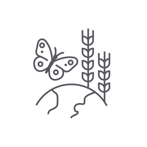 Flora and fauna - modern black line design style icon Flora and fauna - modern black line design style icon on white background. Neat detailed image of planet, butterfly as a symbol of the animal world and spikelet. Environmental conservation idea biodiversity stock illustrations