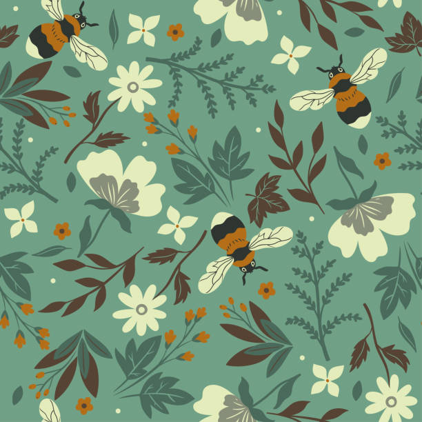 ilustrações de stock, clip art, desenhos animados e ícones de seamless pattern with bees, flowers and leaves. vector graphics. - field image computer graphic bee