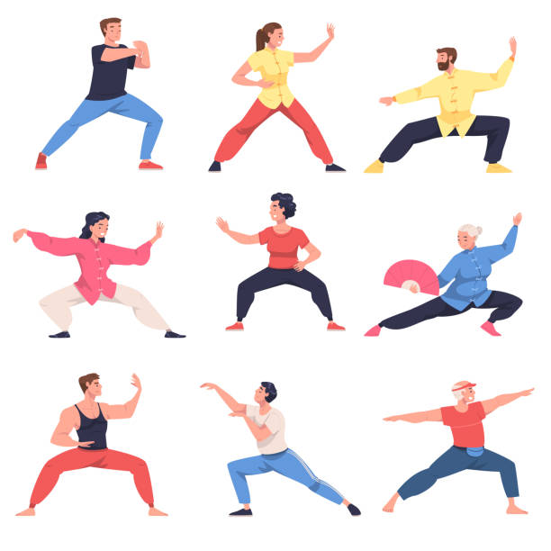 People Character Practicing Tai Chi and Qigong Exercise as Internal Chinese Martial Art Vector Illustration Set People Character Practicing Tai Chi and Qigong Exercise as Internal Chinese Martial Art Vector Illustration Set. Young Man and Woman Engaged in Physical Fitness with Fluent Movement for Defense Training and Health Benefits qi gong stock illustrations