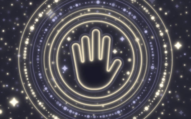 illustrazioni stock, clip art, cartoni animati e icone di tendenza di palm futuristico fortune telling simbolo della mano - ethereal