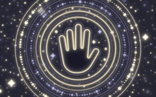 Palm of hand futuristic space complex fortune telling occult tarot fortune reading concept symbol.