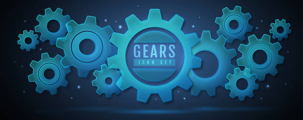 istock Group of glass blue neon gears on dark background.  Cog icon design. Vector illustration 1390116521