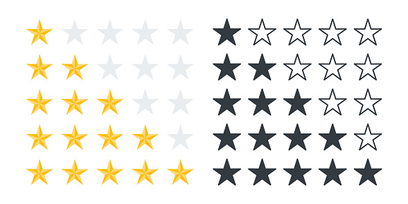 Rating stars icons. Product rating or customer review with gold stars and half star. Vector icons