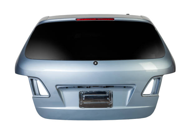 istock Blue metallic boot lid reverse side with stiffeners on a white isolated background with a nameplate for installation on a car after an accident. Spare part for body repair 1390116950