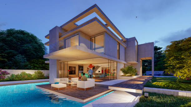 istock Impressive modern  mansion with pool at dusk 1390118000