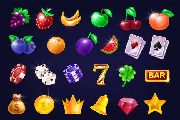 istock Casino slot game vector icon set, golden award crown, glossy fruit, gambling machine UI badge kit. 1390119429