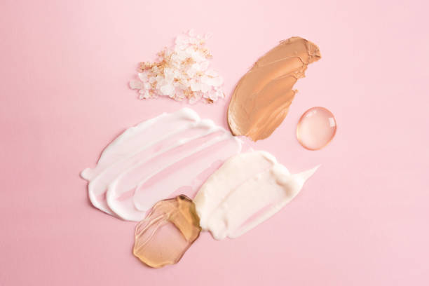 istock Multicolored cosmetic product sample, beauty background. Selfcare trend 1390123029