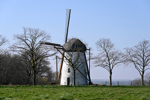 Nettetal, Germany, March 5, 2022  - The Stammen Mill is a listed tower windmill with codend in Hinsbeck, a district of Nettetal in the Viersen district. The windmill was built of brick in 1854.