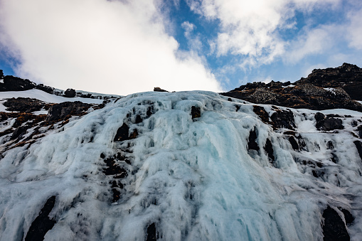 A beautiful landscape of ice on a small glacier in Sarek National Park in Sweden. Wild scenery of Northern Europe.