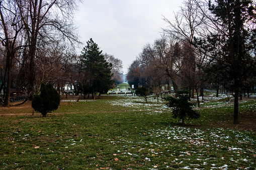 Winter scene in Cismigiu park Bucharest. Cismigiu Gardens located in downtown Bucharest, Romania
