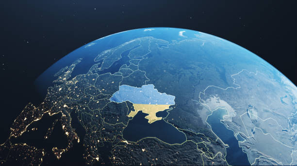 Planet Earth - with Flag and border of highlight Ukraine- Stock photo High quality 3D rendered image, made from ultra high res 20k textures by NASA: https://visibleearth.nasa.gov/images/55167/earths-city-lights, https://visibleearth.nasa.gov/images/73934/topography, https://visibleearth.nasa.gov/images/57747/blue-marble-clouds/77558l 2022 russian invasion of ukraine stock pictures, royalty-free photos & images