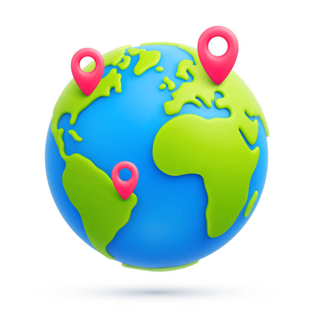 ilustraciones, imágenes clip art, dibujos animados e iconos de stock de planeta tierra de dibujos animados con punteros rojos - objects with clipping paths continent 3d render map