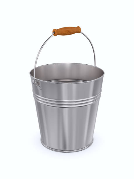 istock empty metal bucket on white background. Isolated 3D illustration 1390124515