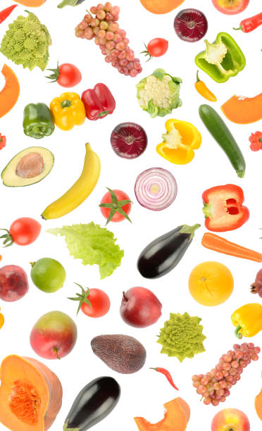 istock Vertical colorful seamless pattern fresh bright vegetables and fruits isolated on white 1390124553